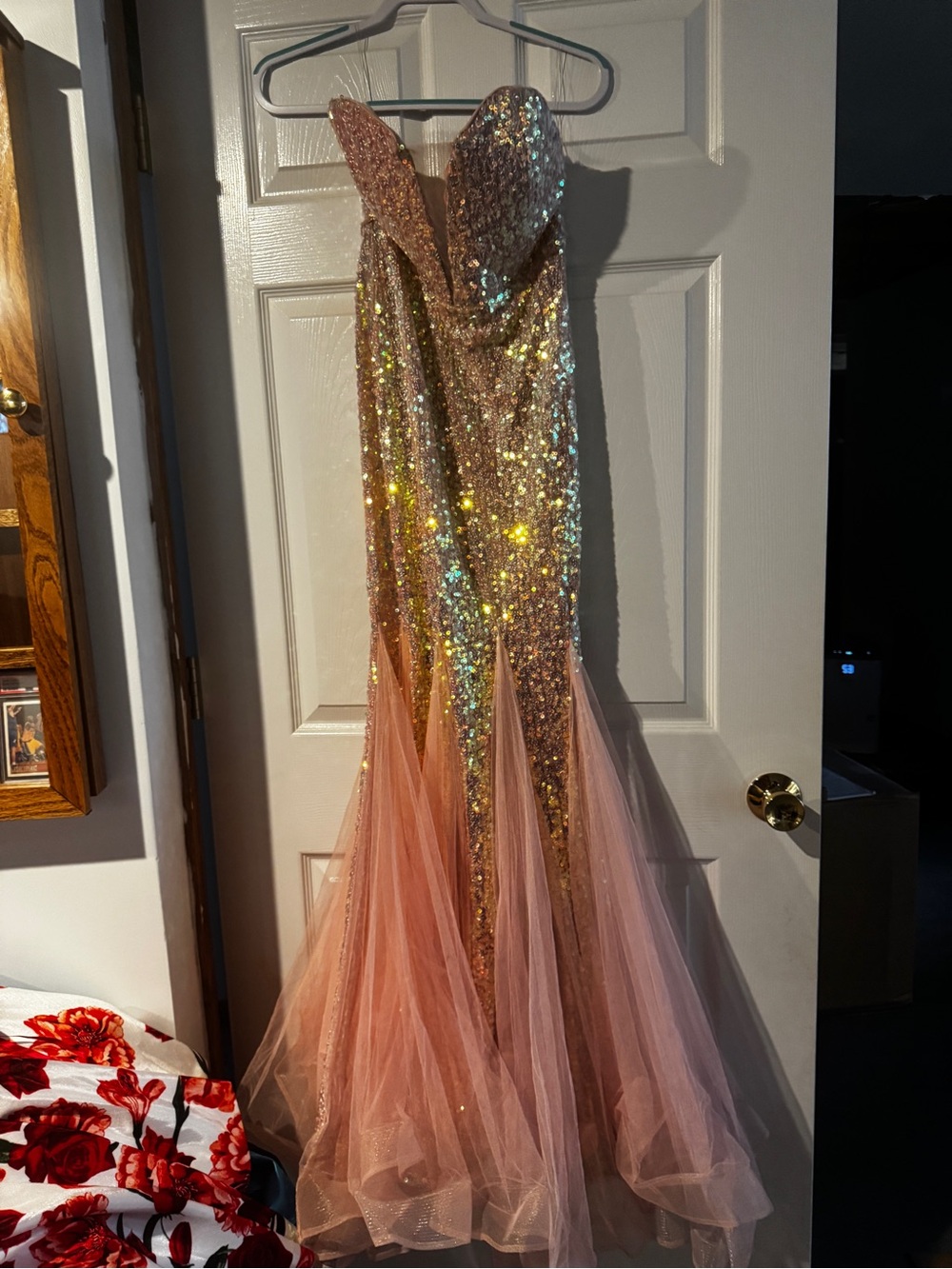 Strapless Rose Gold Sequin Evening Gown